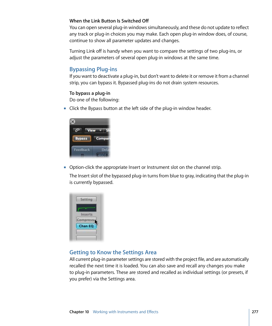 Bypassing plug-ins, Getting to know the settings area | Apple Logic Express 9 User Manual | Page 277 / 1294