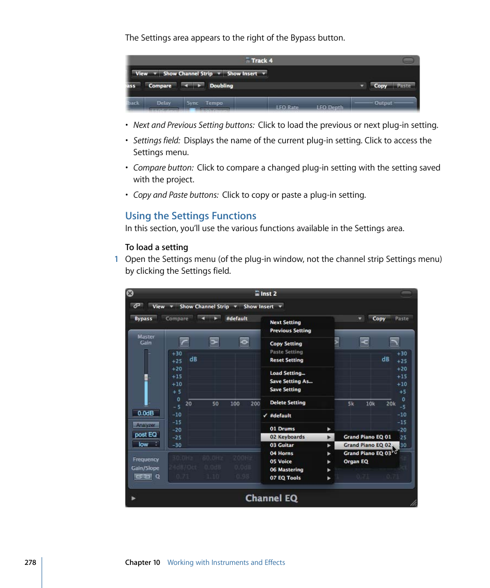 Using the settings functions | Apple Logic Express 9 User Manual | Page 278 / 1294