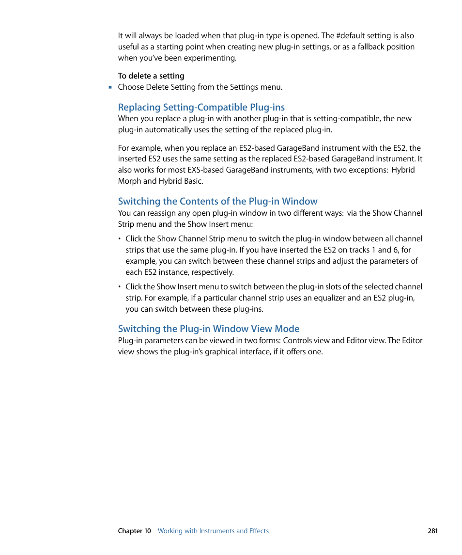 Replacing setting-compatible plug-ins, Switching the contents of the plug-in window, Switching the plug-in window view mode | Apple Logic Express 9 User Manual | Page 281 / 1294