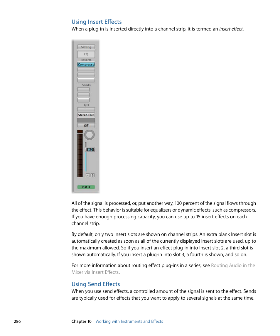 Using insert effects, Using send effects | Apple Logic Express 9 User Manual | Page 286 / 1294