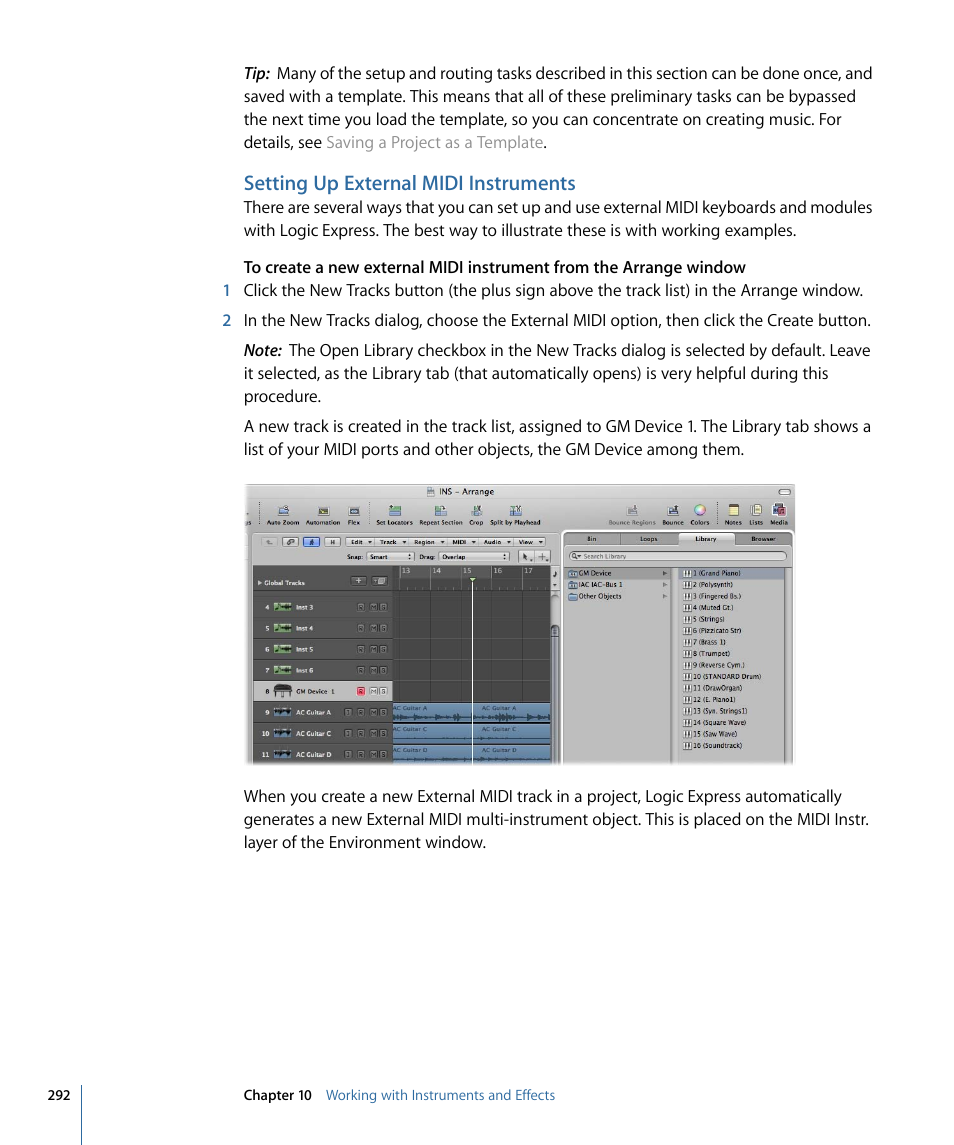 Setting up external midi instruments, Setting, Up external midi instruments | Apple Logic Express 9 User Manual | Page 292 / 1294