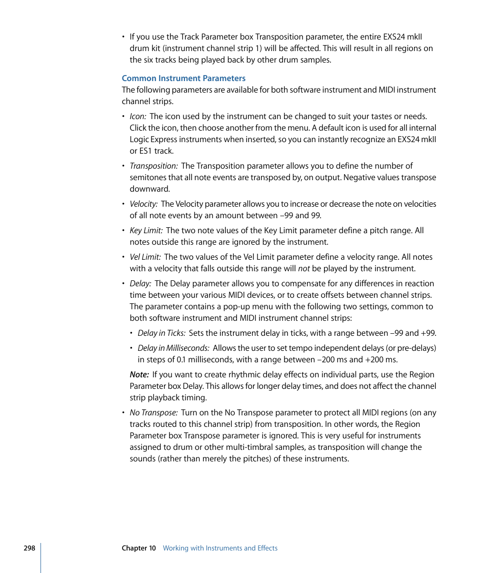 Common instrument parameters | Apple Logic Express 9 User Manual | Page 298 / 1294