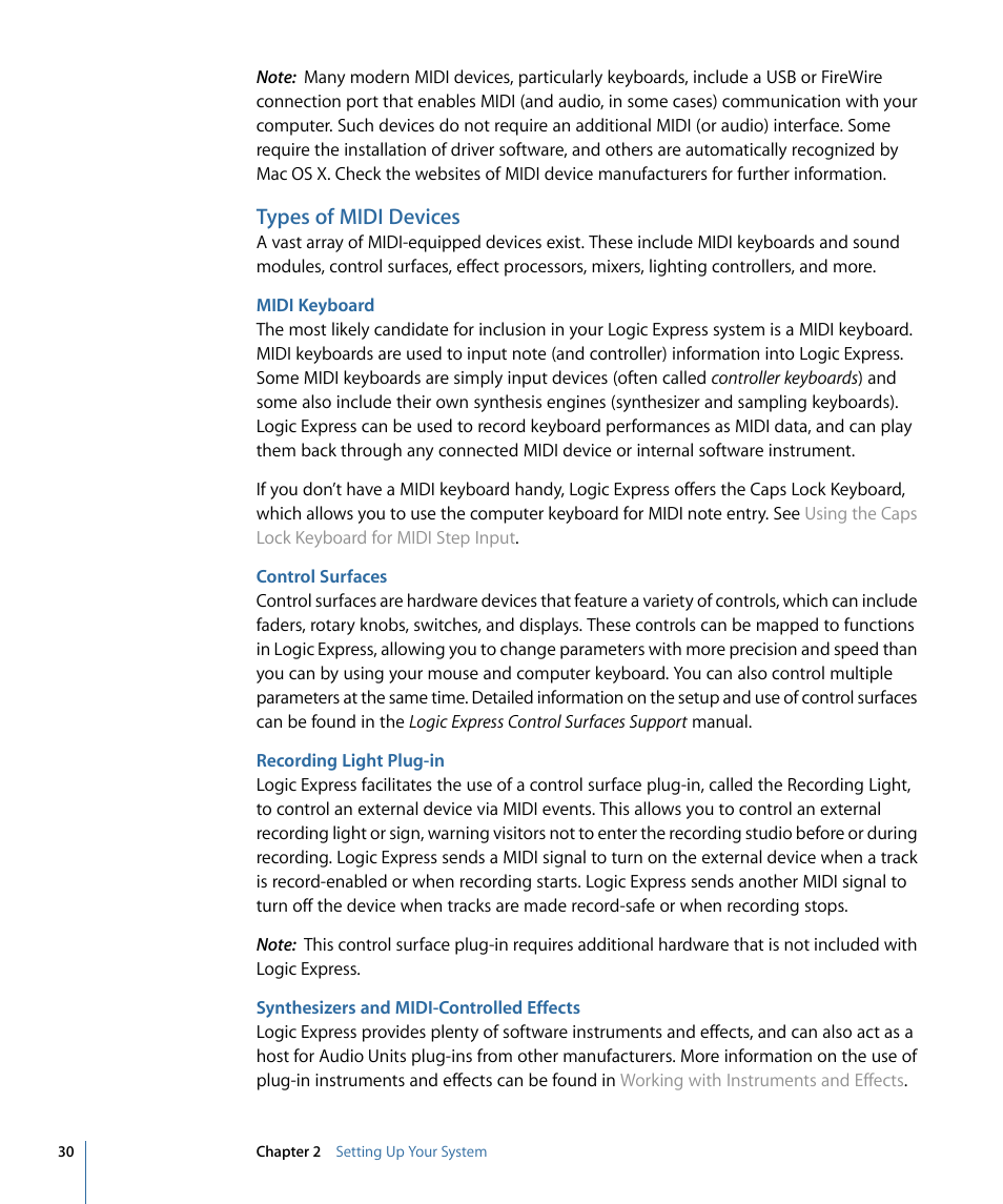 Types of midi devices, Midi keyboard, Control surfaces | Recording light plug-in, Synthesizers and midi-controlled effects | Apple Logic Express 9 User Manual | Page 30 / 1294