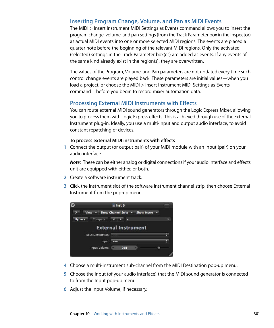 Processing external midi instruments with effects | Apple Logic Express 9 User Manual | Page 301 / 1294