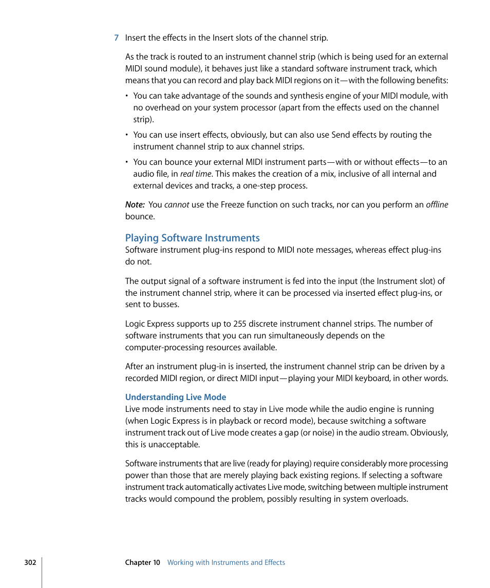 Playing software instruments, Understanding live mode | Apple Logic Express 9 User Manual | Page 302 / 1294