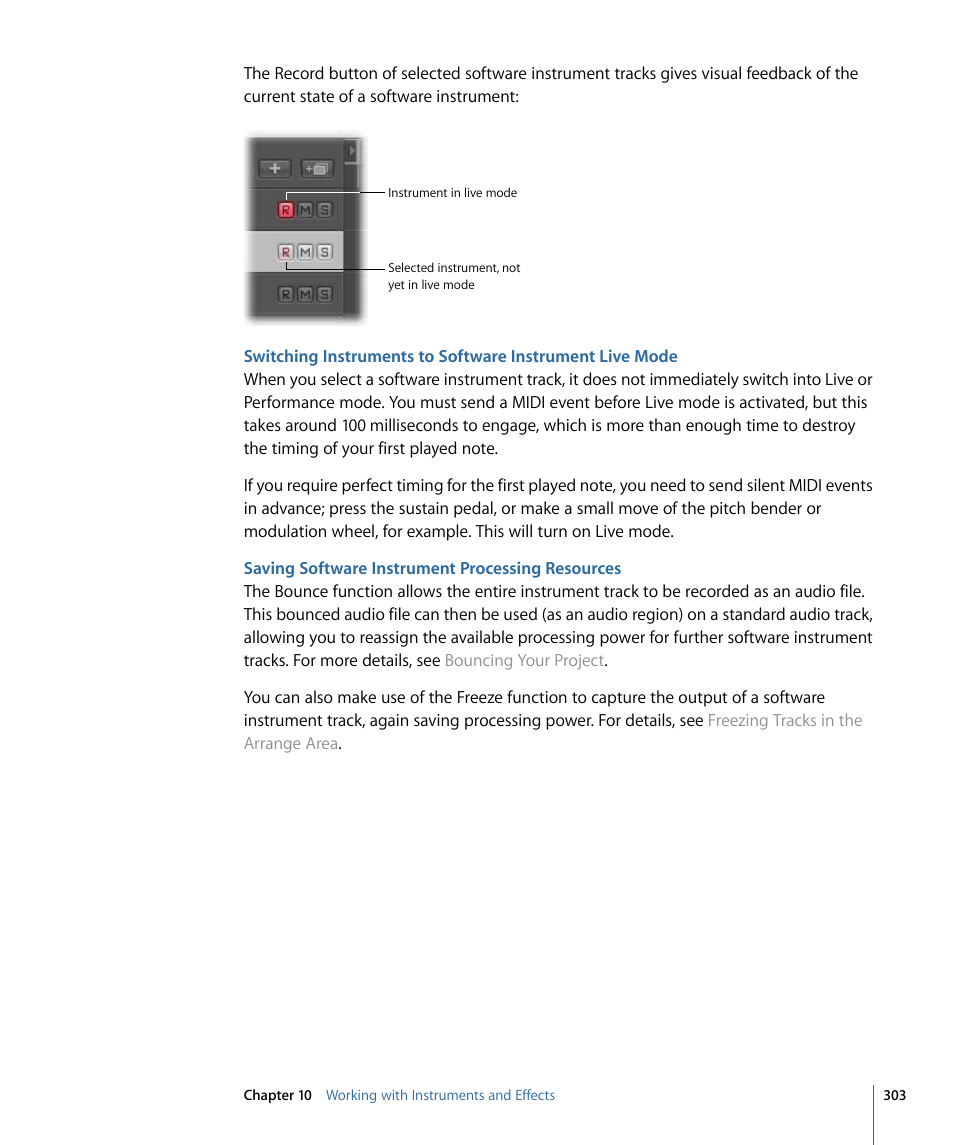 Saving software instrument processing resources | Apple Logic Express 9 User Manual | Page 303 / 1294