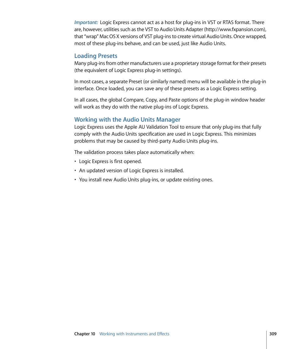 Loading presets, Working with the audio units manager | Apple Logic Express 9 User Manual | Page 309 / 1294