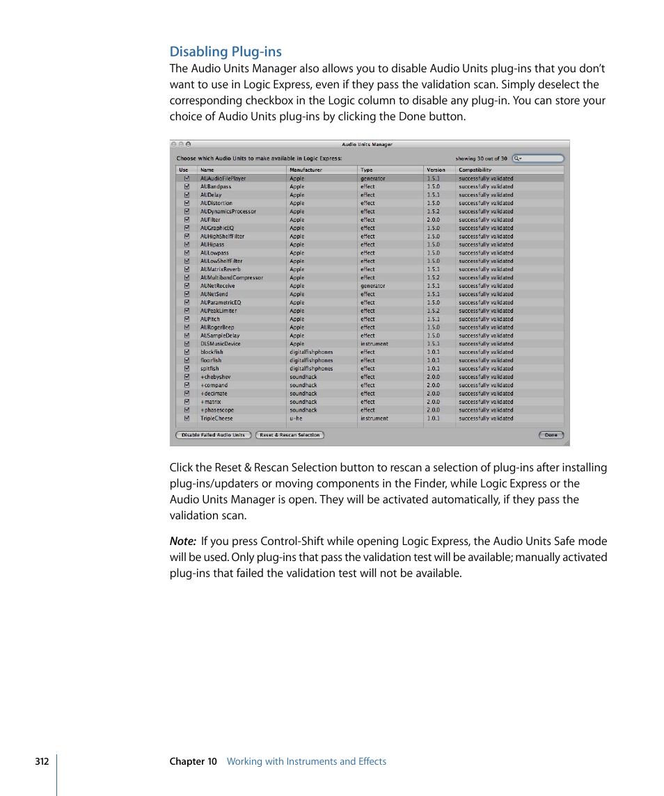 Disabling plug-ins | Apple Logic Express 9 User Manual | Page 312 / 1294