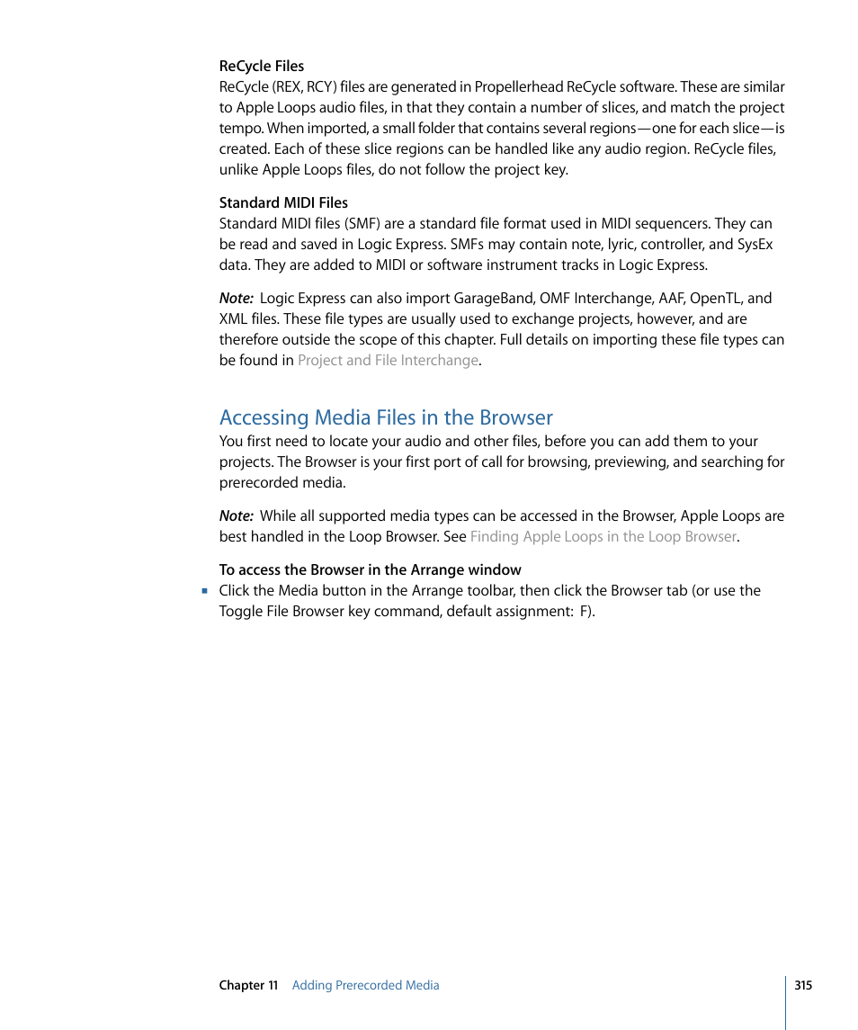 Accessing media files in the browser | Apple Logic Express 9 User Manual | Page 315 / 1294
