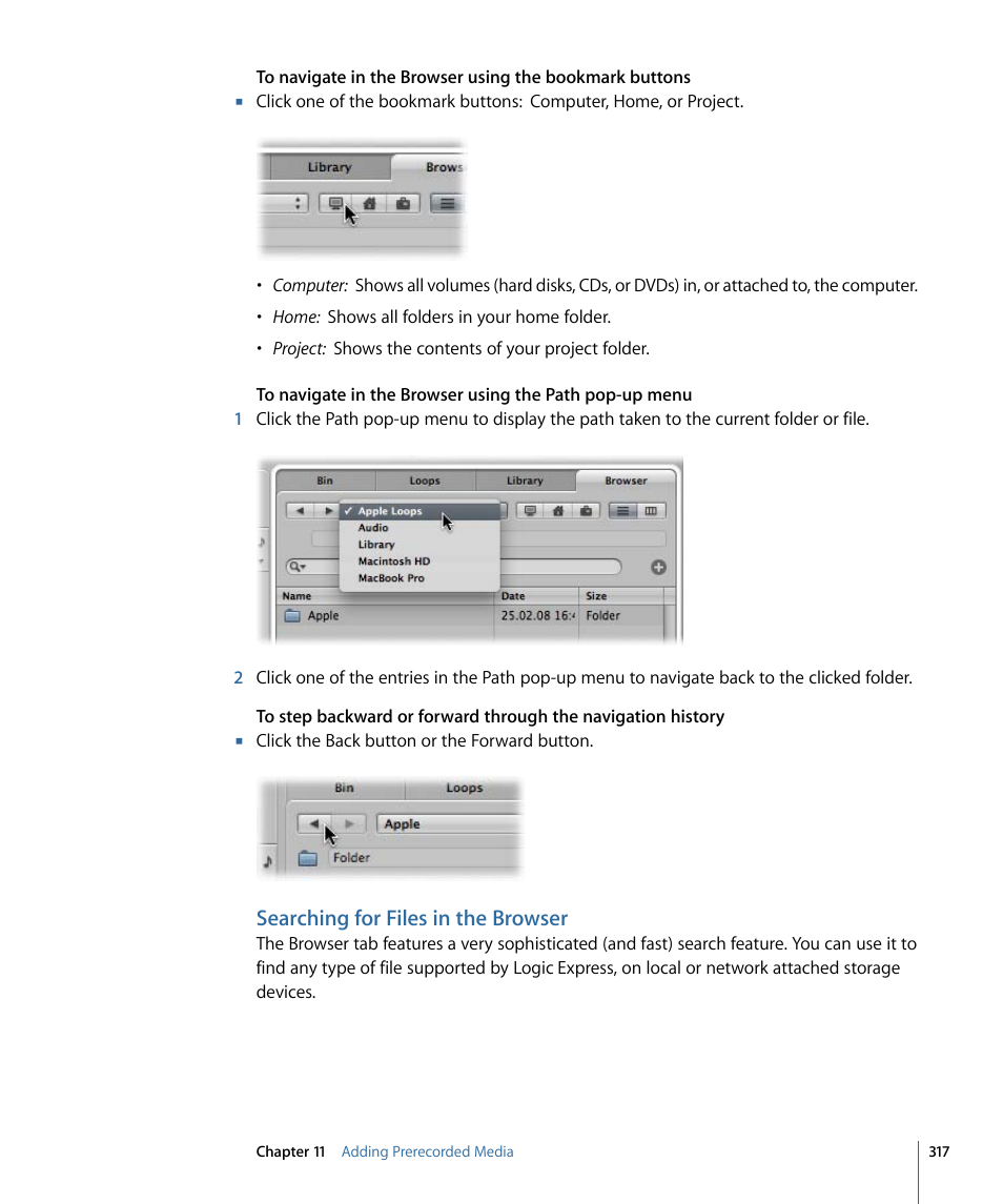 Searching for files in the browser | Apple Logic Express 9 User Manual | Page 317 / 1294