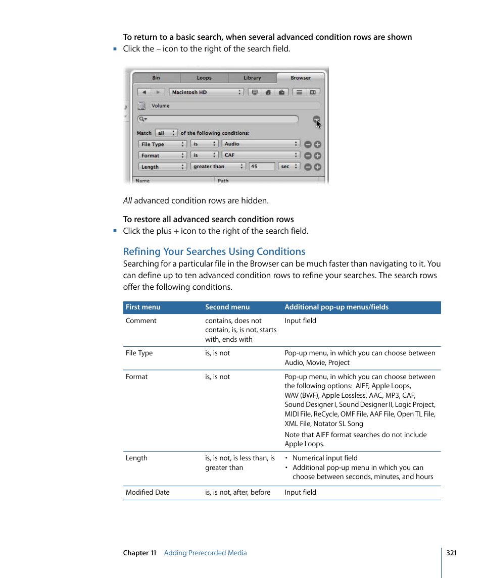 Refining your searches using conditions | Apple Logic Express 9 User Manual | Page 321 / 1294