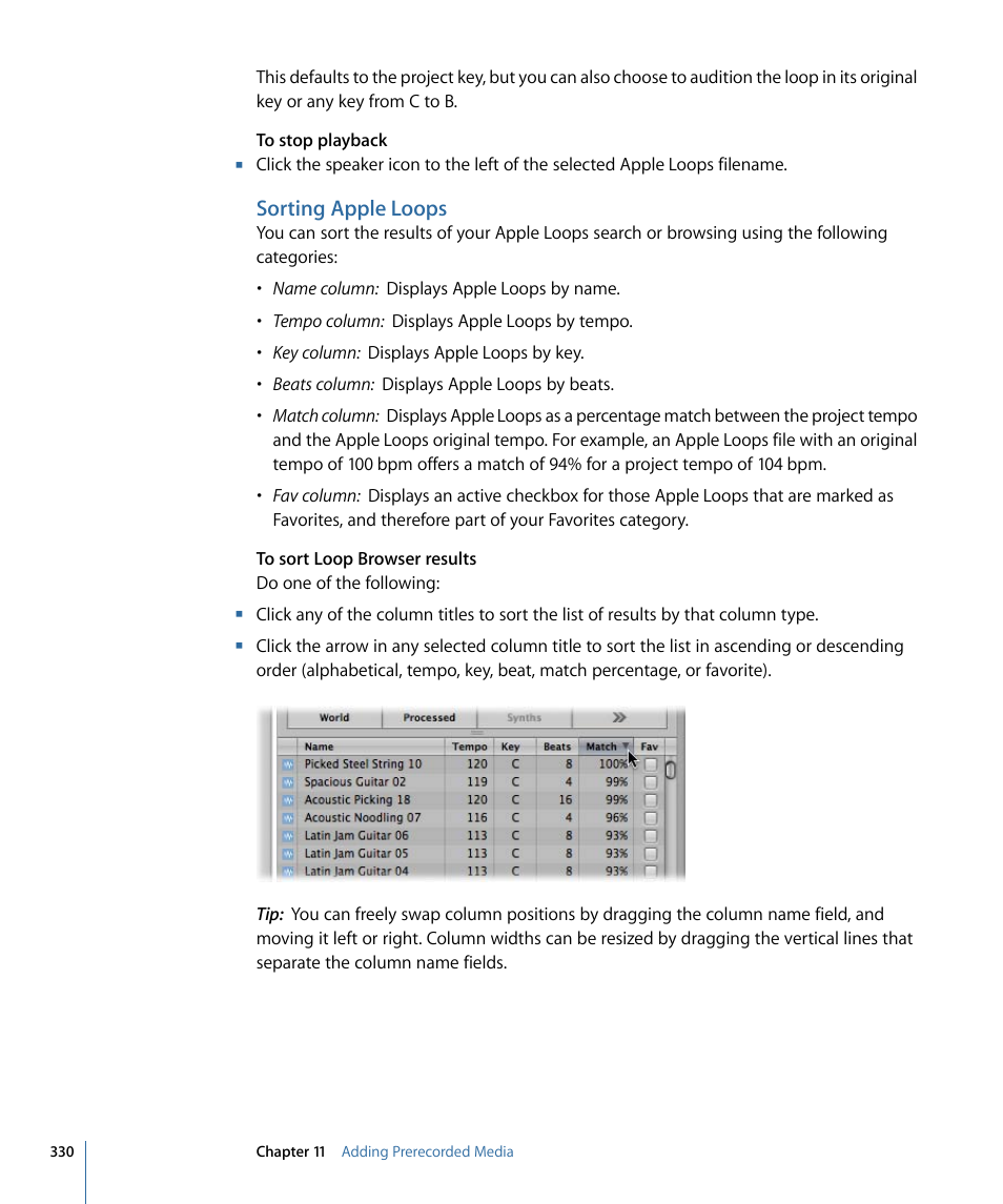 Sorting apple loops | Apple Logic Express 9 User Manual | Page 330 / 1294