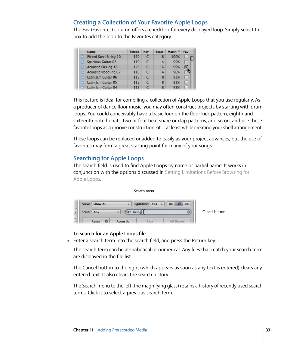 Creating a collection of your favorite apple loops, Searching for apple loops | Apple Logic Express 9 User Manual | Page 331 / 1294