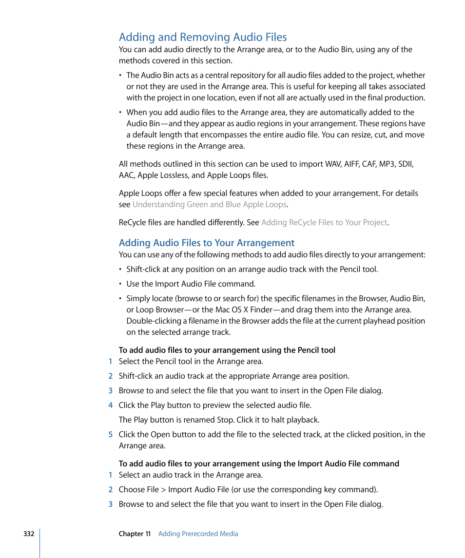 Adding and removing audio files, Adding audio files to your arrangement | Apple Logic Express 9 User Manual | Page 332 / 1294