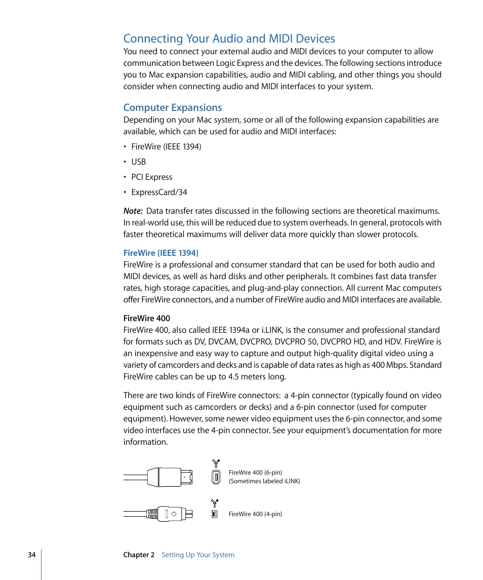 Connecting your audio and midi devices, Computer expansions, Firewire (ieee 1394) | Apple Logic Express 9 User Manual | Page 34 / 1294