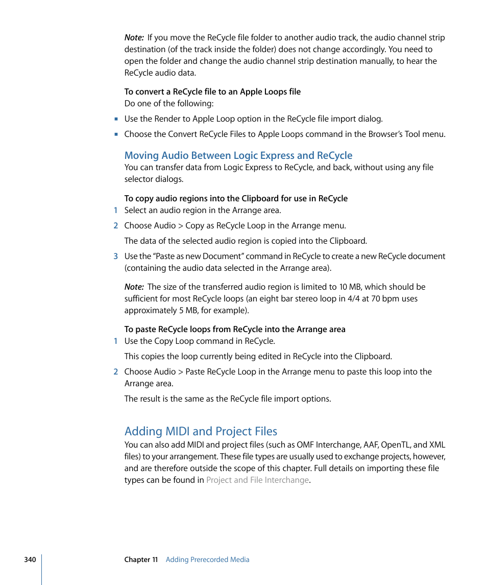 Moving audio between logic express and recycle, Adding midi and project files | Apple Logic Express 9 User Manual | Page 340 / 1294