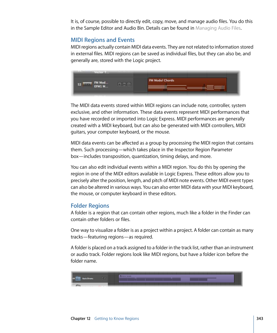 Midi regions and events, Folder regions | Apple Logic Express 9 User Manual | Page 343 / 1294