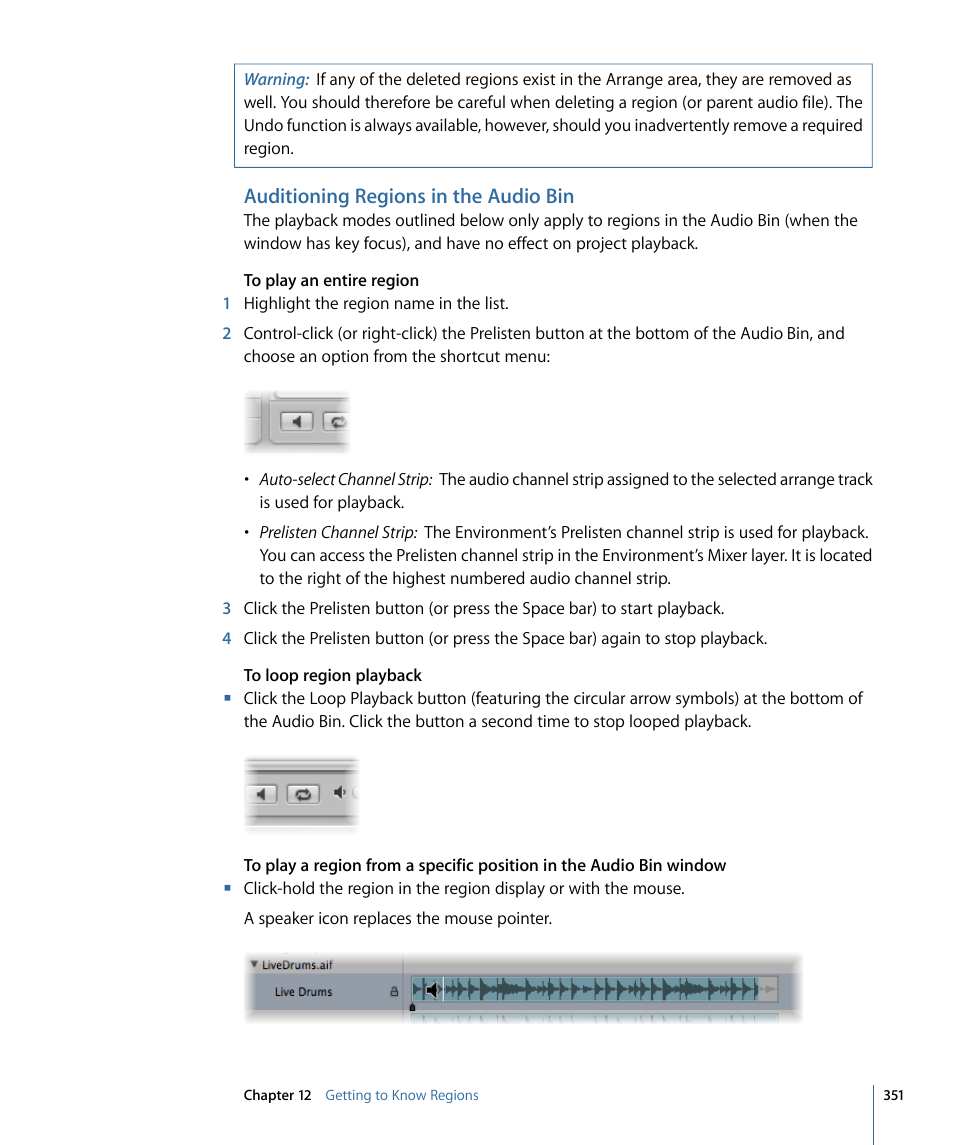 Auditioning regions in the audio bin | Apple Logic Express 9 User Manual | Page 351 / 1294