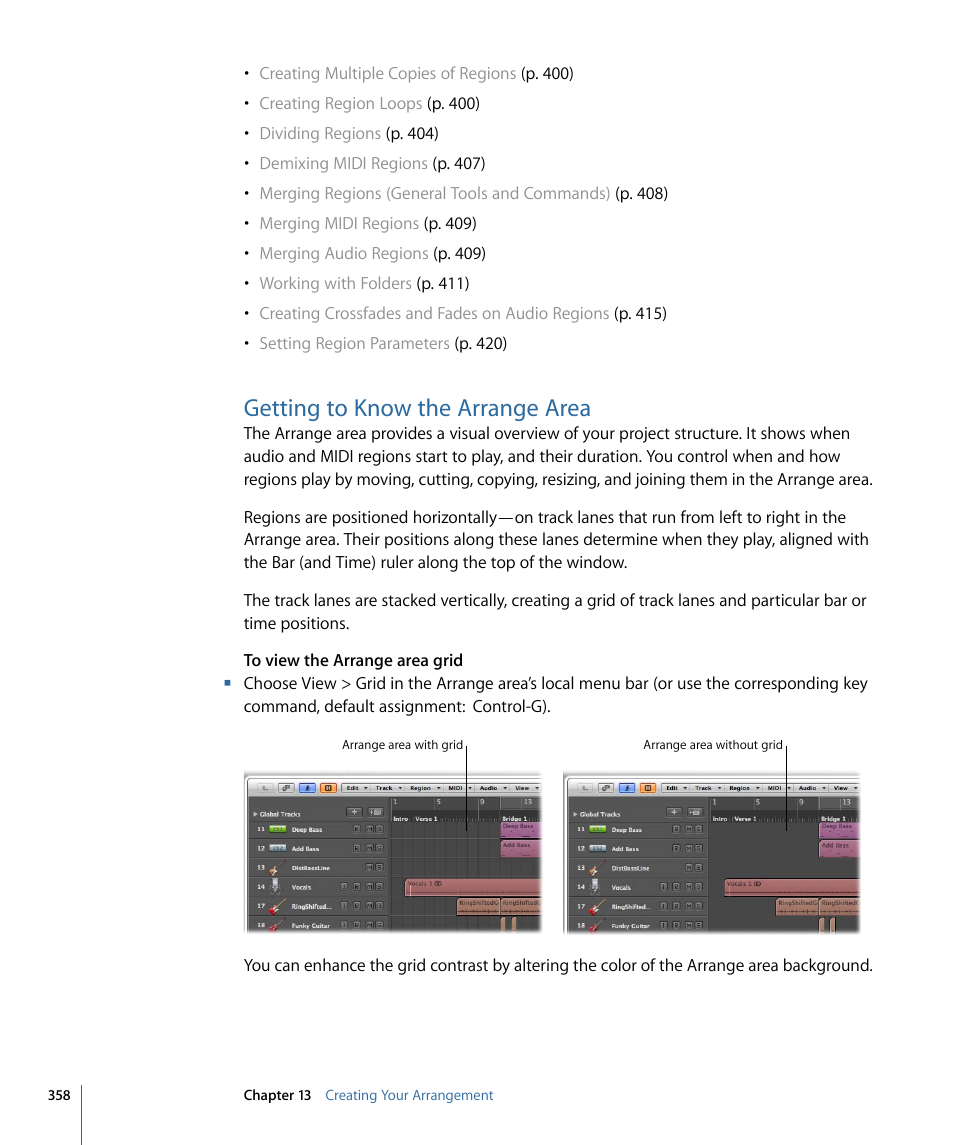 Getting to know the arrange area | Apple Logic Express 9 User Manual | Page 358 / 1294