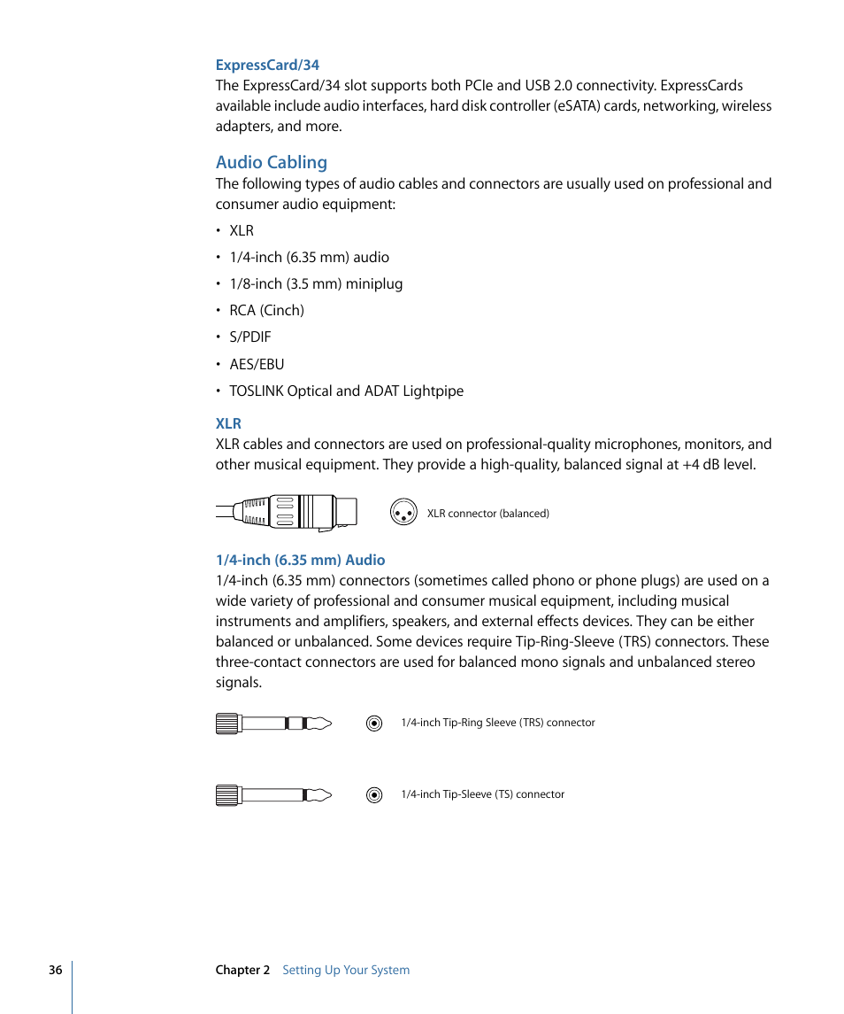 Expresscard/34, Audio cabling, 1/4-inch (6.35 mm) audio | Apple Logic Express 9 User Manual | Page 36 / 1294