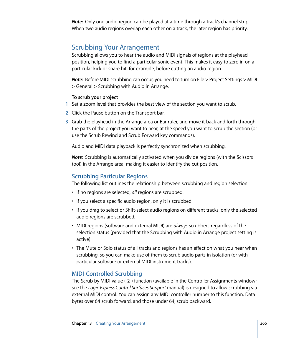 Scrubbing your arrangement, Scrubbing particular regions, Midi-controlled scrubbing | Apple Logic Express 9 User Manual | Page 365 / 1294