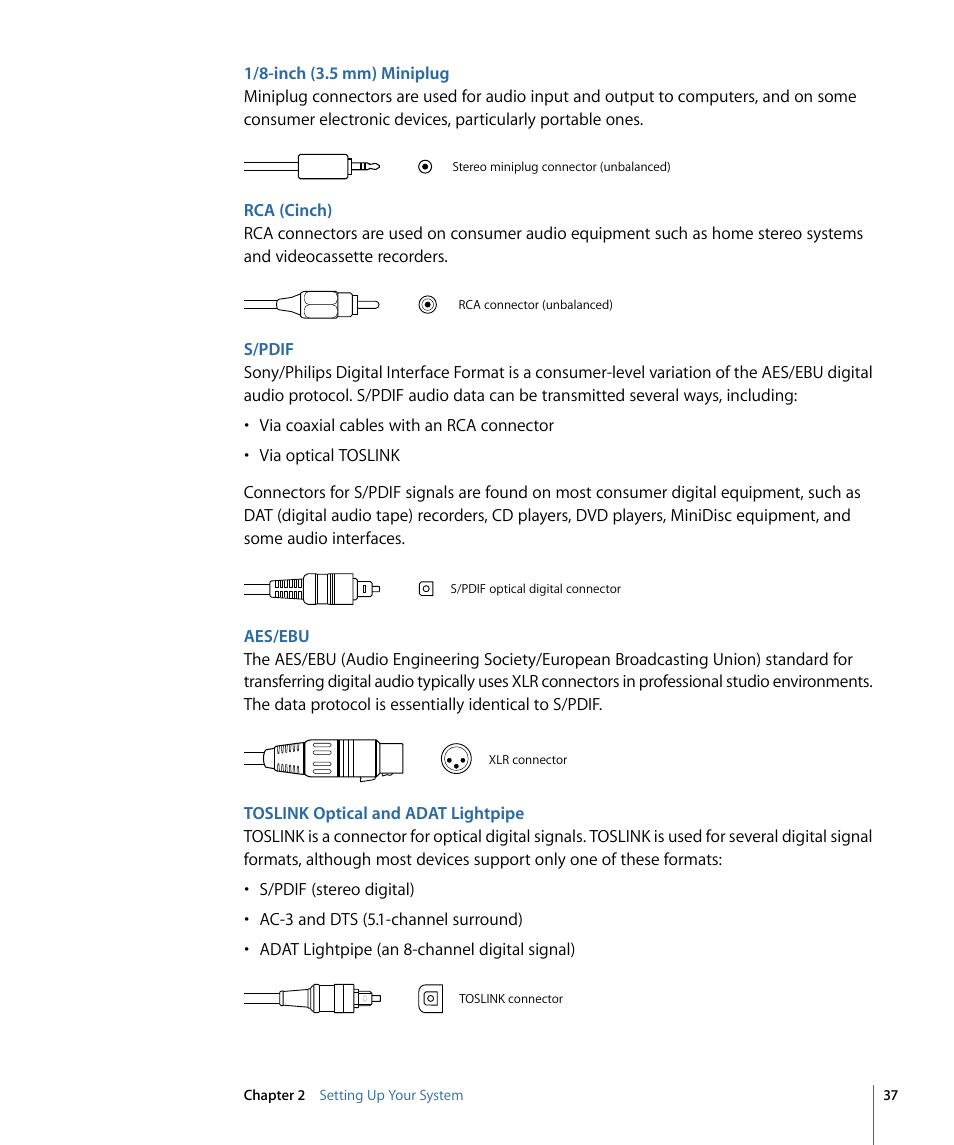 1/8-inch (3.5 mm) miniplug, Rca (cinch), S/pdif | Aes/ebu, Toslink optical and adat lightpipe | Apple Logic Express 9 User Manual | Page 37 / 1294