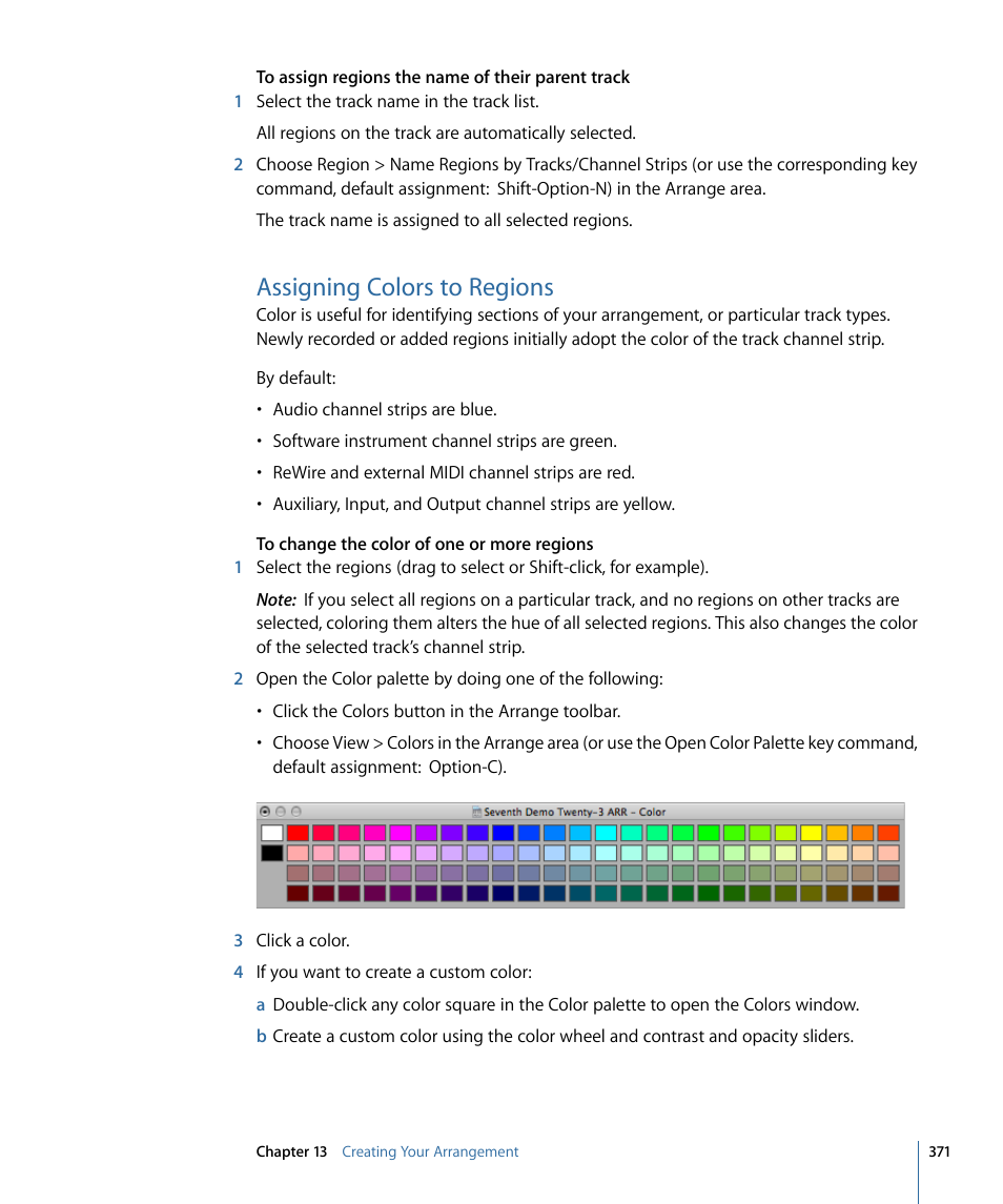 Assigning colors to regions | Apple Logic Express 9 User Manual | Page 371 / 1294