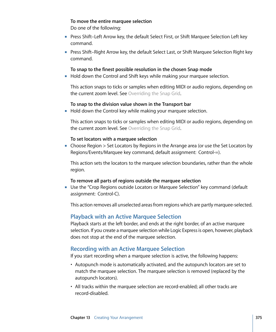 Playback with an active marquee selection, Recording with an active marquee selection | Apple Logic Express 9 User Manual | Page 375 / 1294