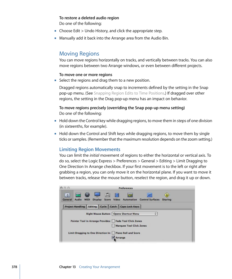 Moving regions, Limiting region movements | Apple Logic Express 9 User Manual | Page 378 / 1294