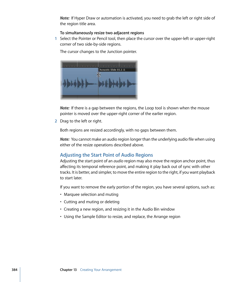 Adjusting the start point of audio regions | Apple Logic Express 9 User Manual | Page 384 / 1294