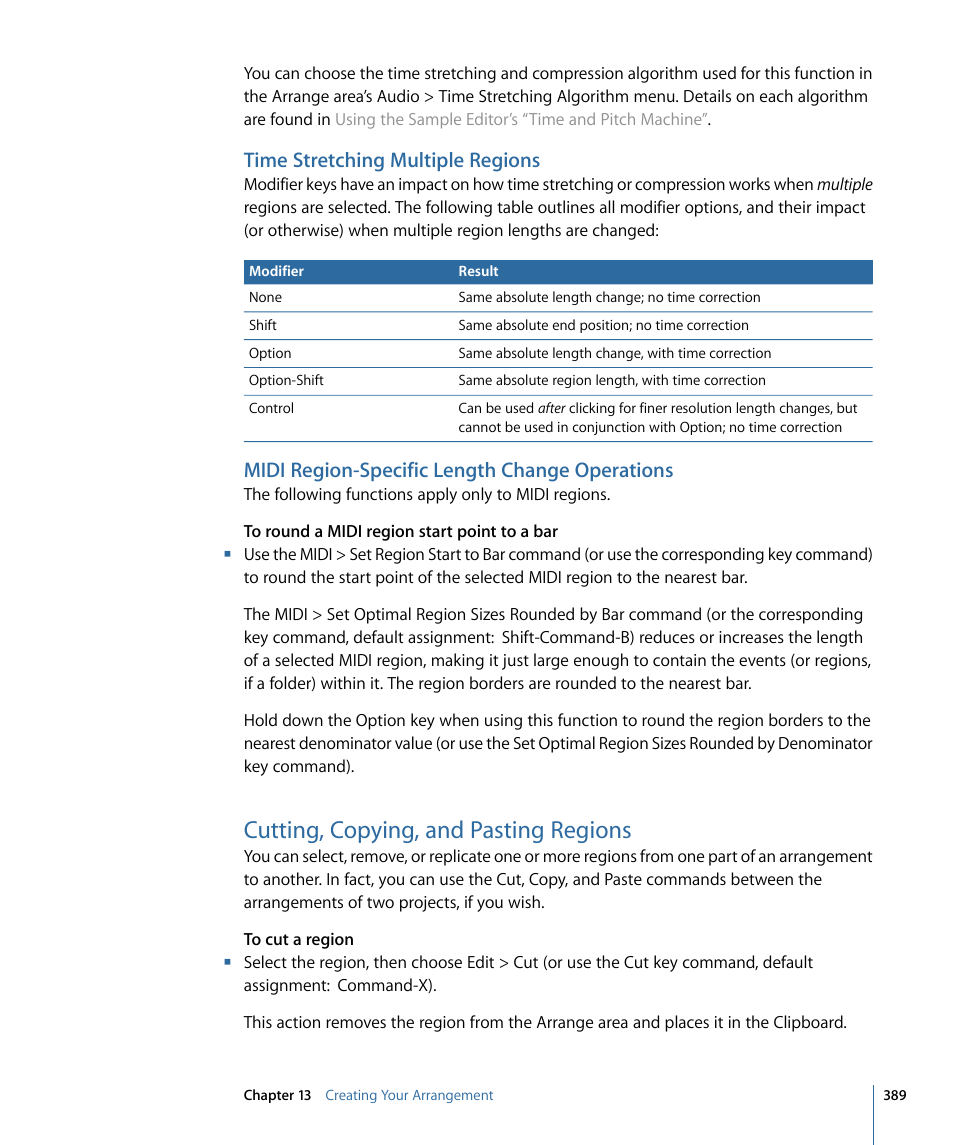 Time stretching multiple regions, Midi region-specific length change operations, Cutting, copying, and pasting regions | Apple Logic Express 9 User Manual | Page 389 / 1294