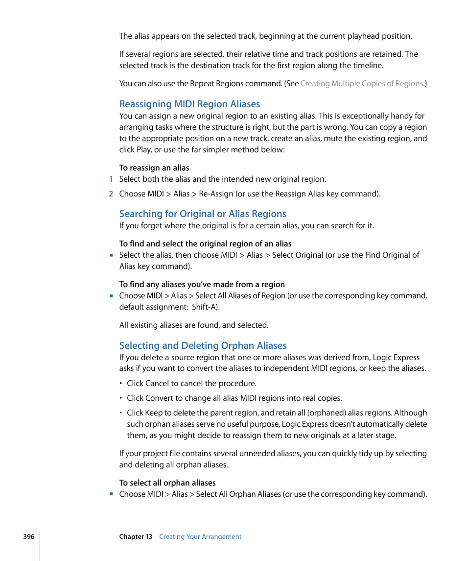 Reassigning midi region aliases, Searching for original or alias regions, Selecting and deleting orphan aliases | Apple Logic Express 9 User Manual | Page 396 / 1294
