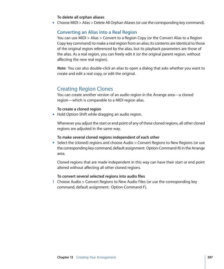 Converting an alias into a real region, Creating region clones | Apple Logic Express 9 User Manual | Page 397 / 1294