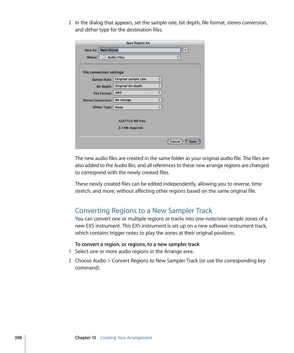 Converting regions to a new sampler track | Apple Logic Express 9 User Manual | Page 398 / 1294