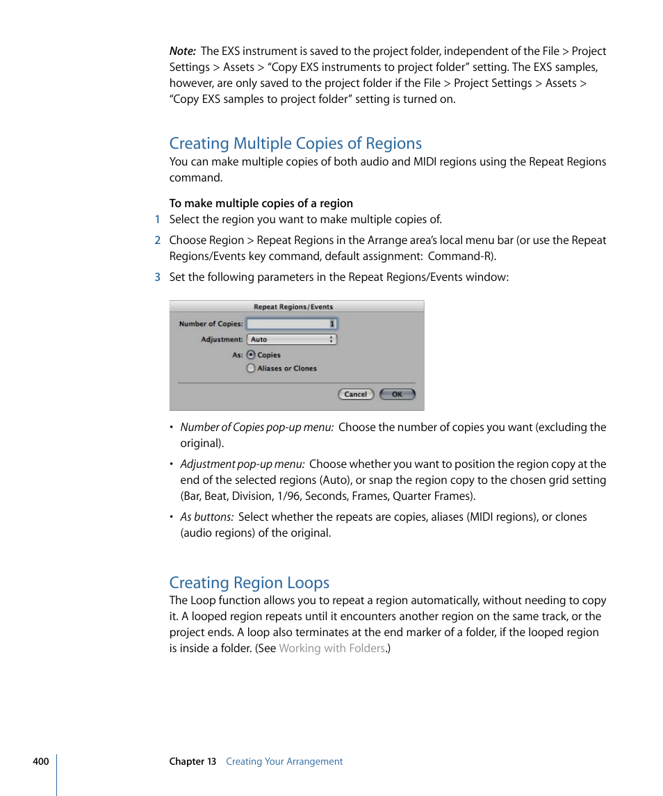 Creating multiple copies of regions, Creating region loops | Apple Logic Express 9 User Manual | Page 400 / 1294