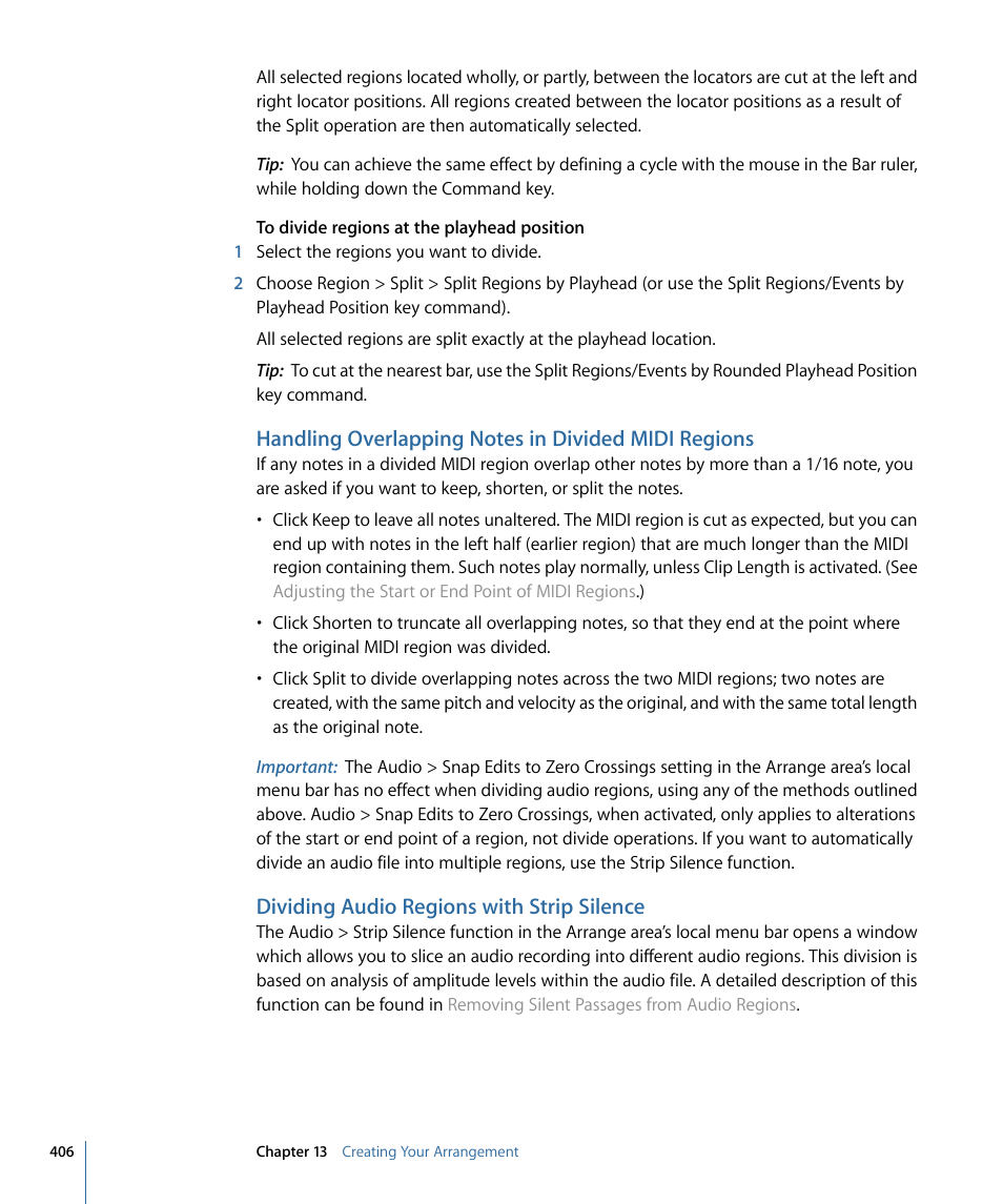 Handling overlapping notes in divided midi regions, Dividing audio regions with strip silence | Apple Logic Express 9 User Manual | Page 406 / 1294