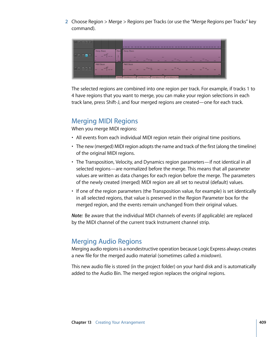 Merging midi regions, Merging audio regions | Apple Logic Express 9 User Manual | Page 409 / 1294