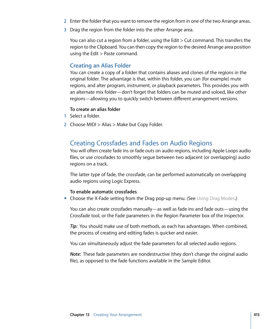 Creating an alias folder, Creating crossfades and fades on audio regions | Apple Logic Express 9 User Manual | Page 415 / 1294