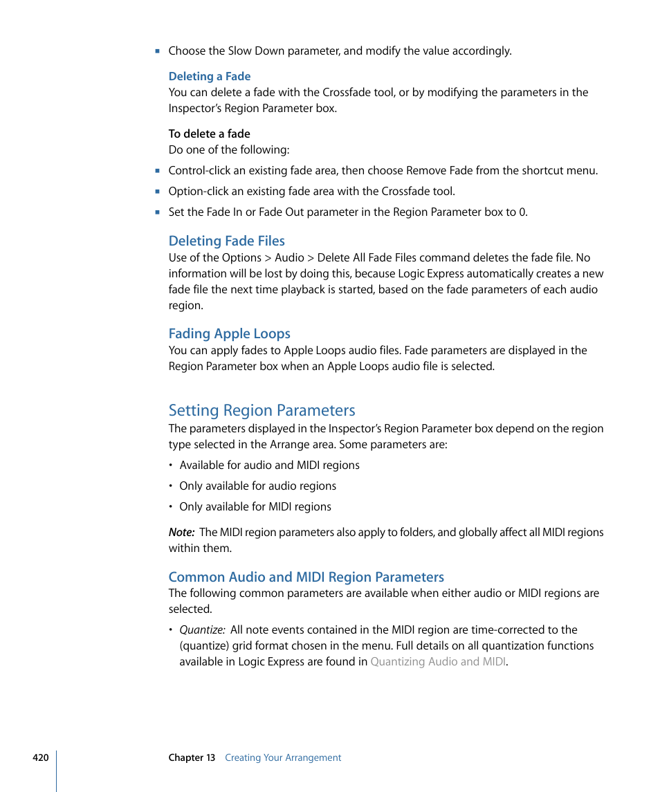 Deleting a fade, Deleting fade files, Fading apple loops | Setting region parameters, Common audio and midi region parameters | Apple Logic Express 9 User Manual | Page 420 / 1294