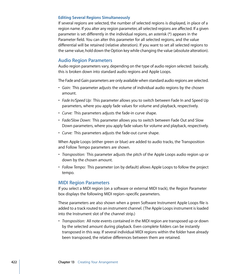 Editing several regions simultaneously, Audio region parameters, Midi region parameters | Apple Logic Express 9 User Manual | Page 422 / 1294