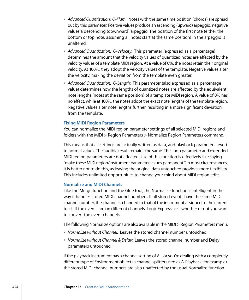 Fixing midi region parameters, Normalize and midi channels | Apple Logic Express 9 User Manual | Page 424 / 1294