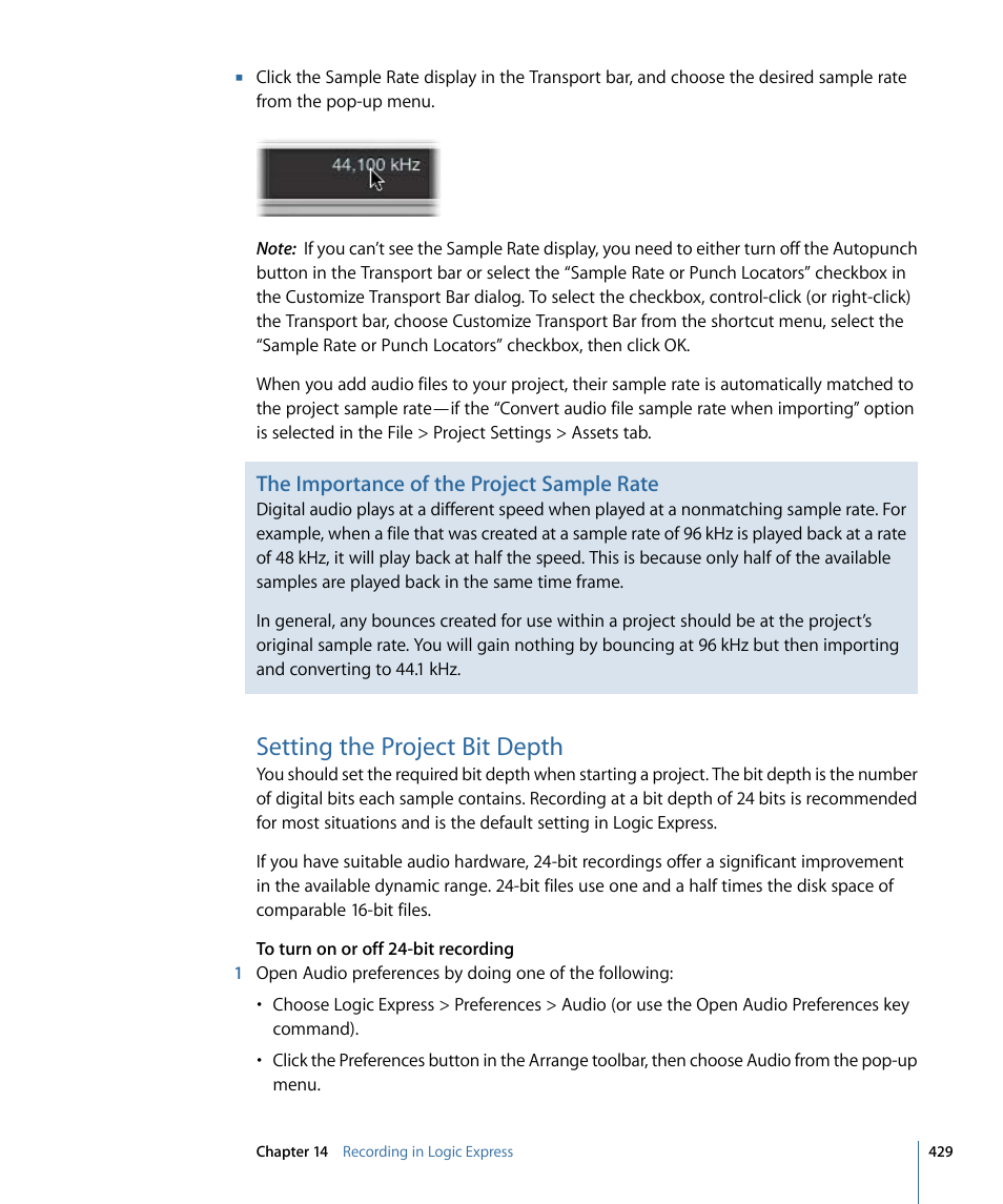 Setting the project bit depth | Apple Logic Express 9 User Manual | Page 429 / 1294