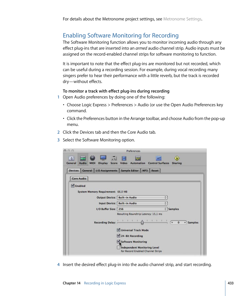 Enabling software monitoring for recording | Apple Logic Express 9 User Manual | Page 433 / 1294