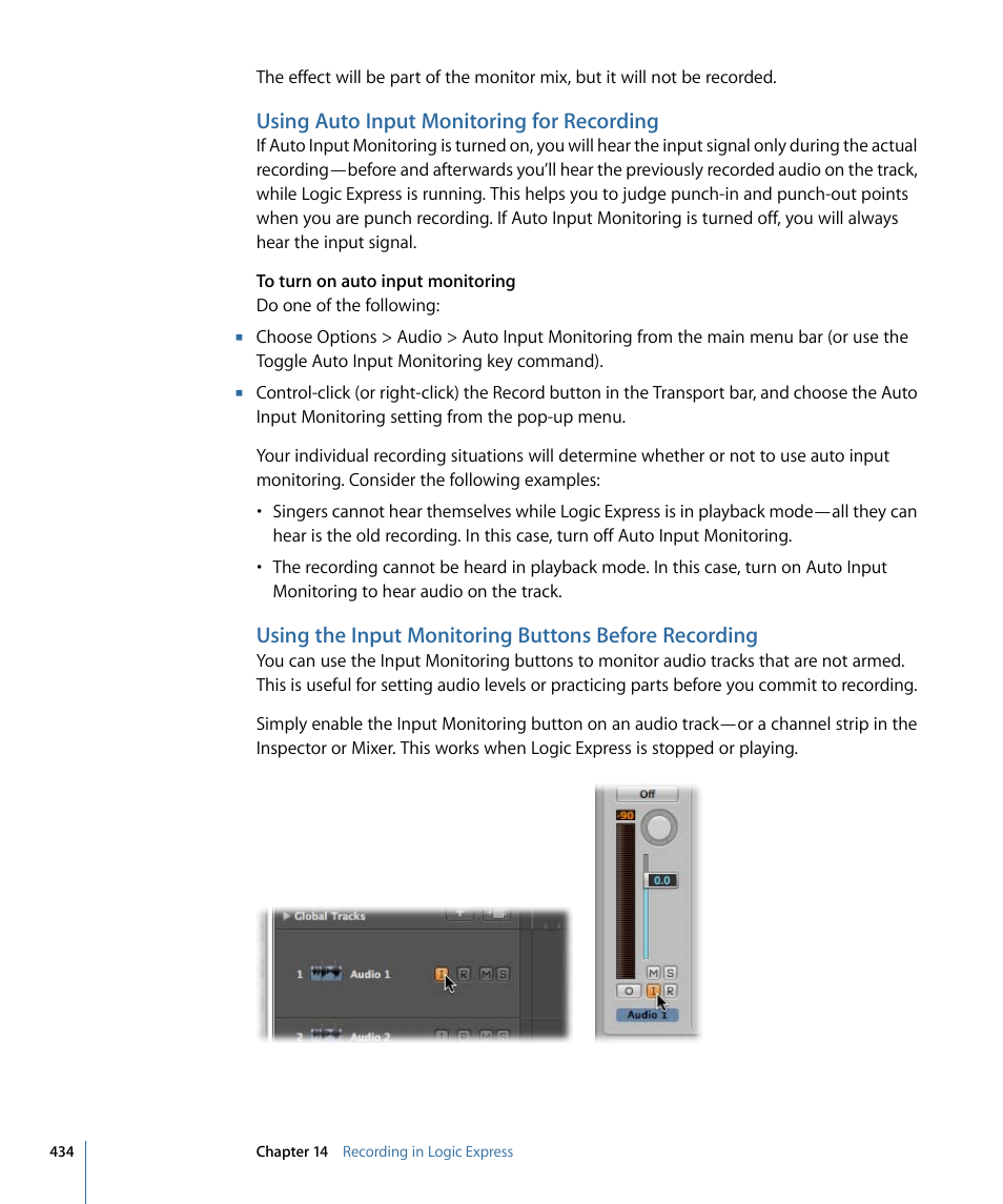Using auto input monitoring for recording | Apple Logic Express 9 User Manual | Page 434 / 1294