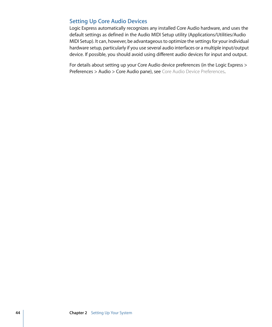 Setting up core audio devices | Apple Logic Express 9 User Manual | Page 44 / 1294
