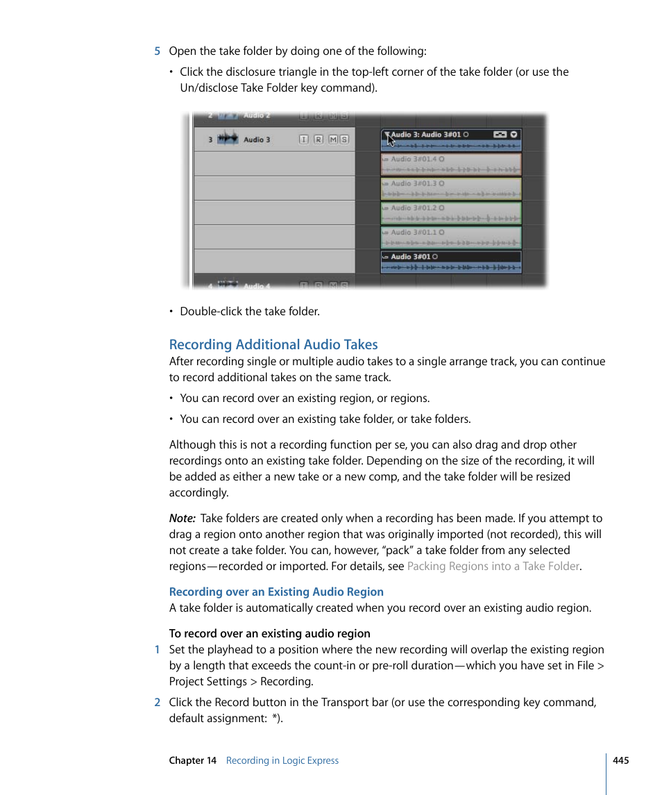 Recording additional audio takes, Recording over an existing audio region | Apple Logic Express 9 User Manual | Page 445 / 1294