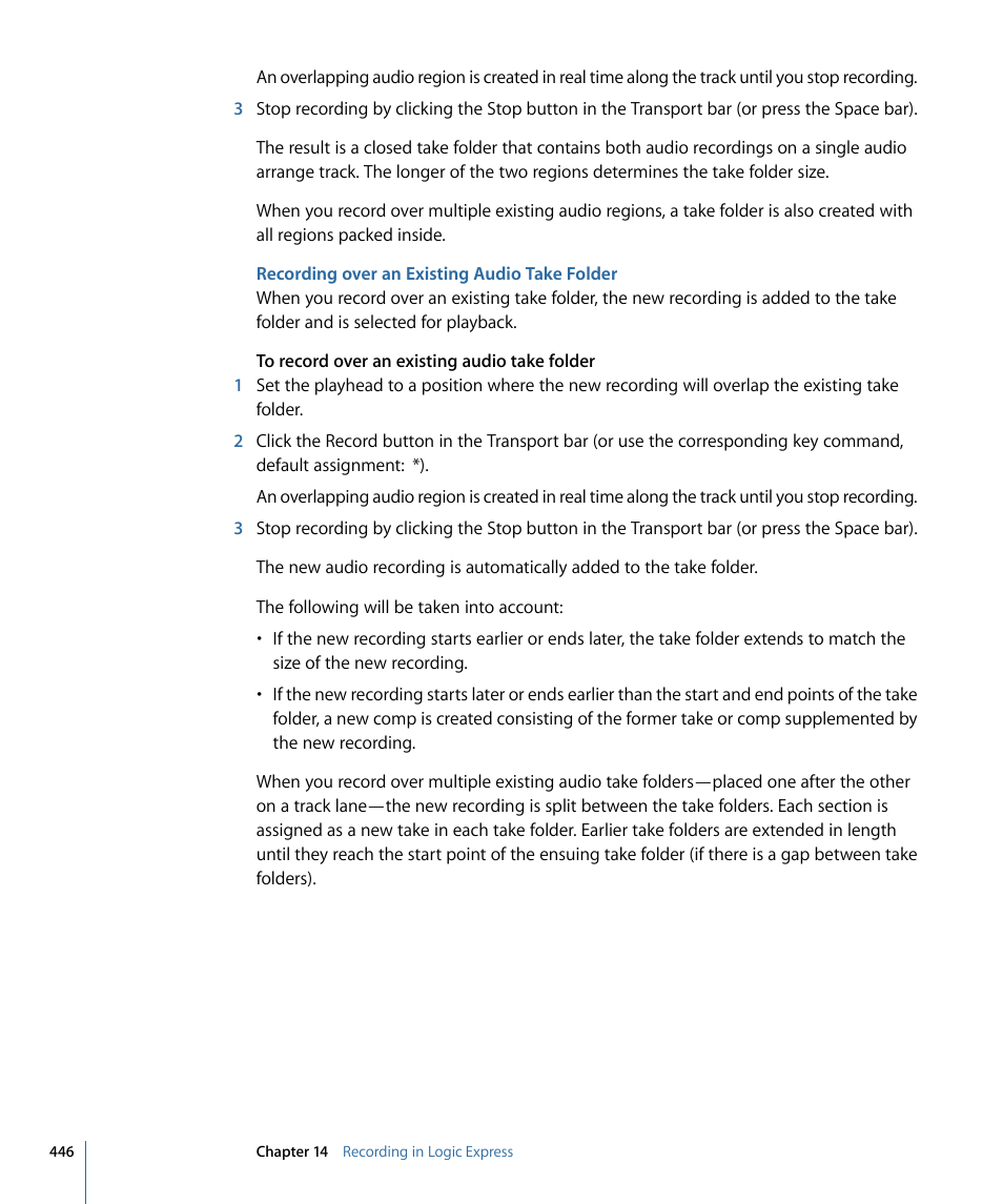 Recording over an existing audio take folder | Apple Logic Express 9 User Manual | Page 446 / 1294