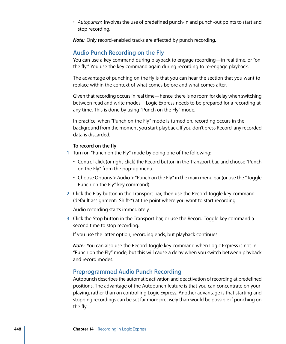 Audio punch recording on the fly, Preprogrammed audio punch recording | Apple Logic Express 9 User Manual | Page 448 / 1294