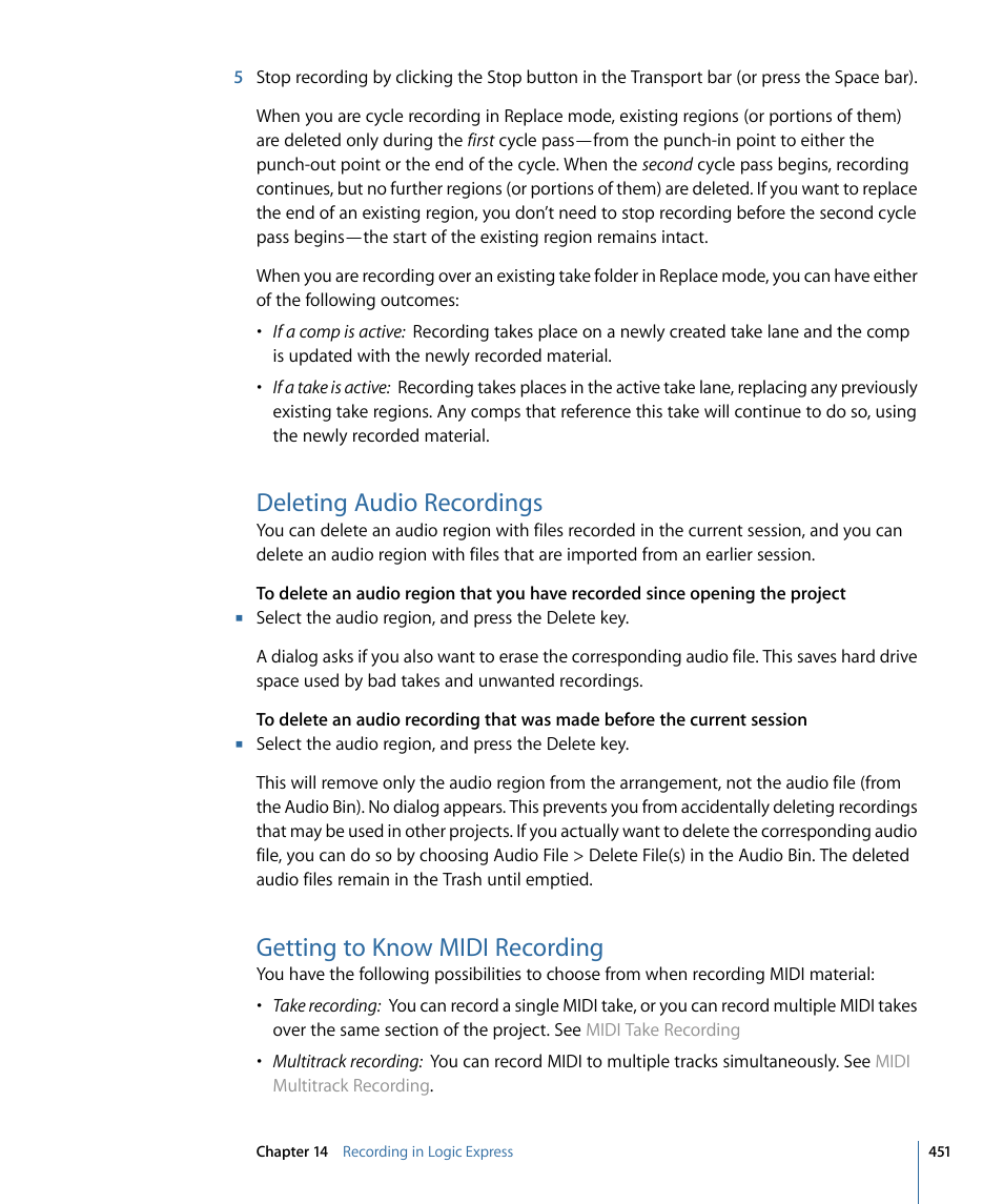 Deleting audio recordings, Getting to know midi recording | Apple Logic Express 9 User Manual | Page 451 / 1294