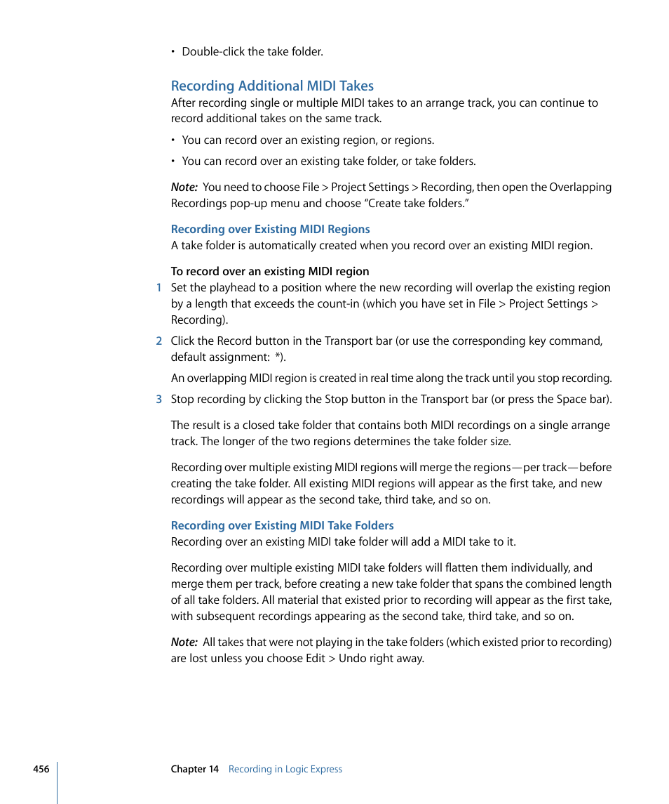 Recording additional midi takes, Recording over existing midi regions, Recording over existing midi take folders | Apple Logic Express 9 User Manual | Page 456 / 1294